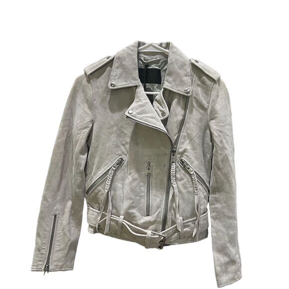 AllSaints Women's Luna Blue Gray Green Leather Plait Balfern Biker Jacket Size 0 - Picture 1 of 10